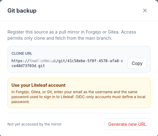 Liteleaf Git backup dialog